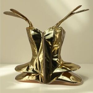 NEW! Gold Metallic Zip-Up Corset Steampunk Wings Costume Bumblebee Tie-Back SEXY